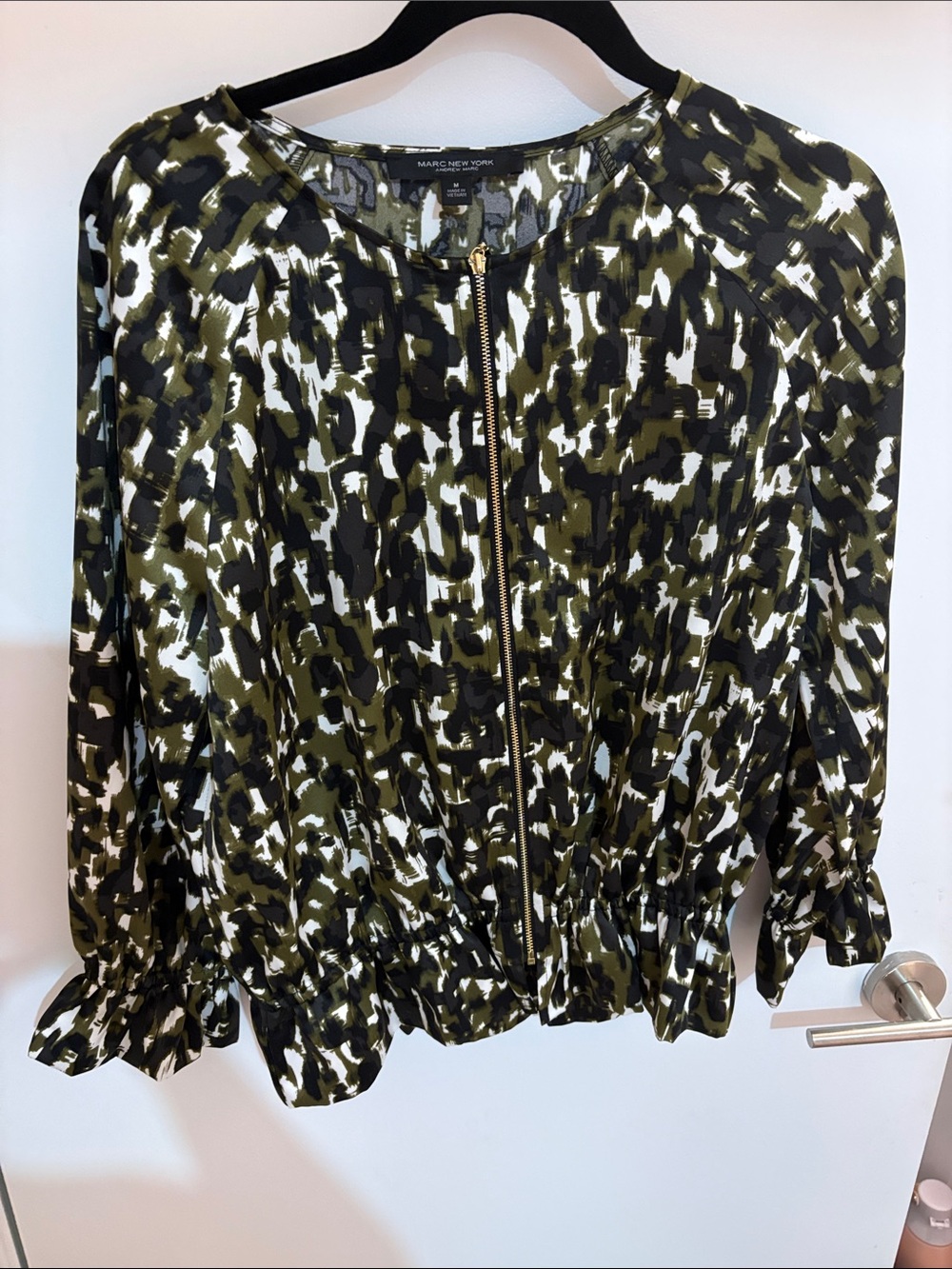 Marc New York Olive, Black & White Printed Zip-Front Bomber Jacket